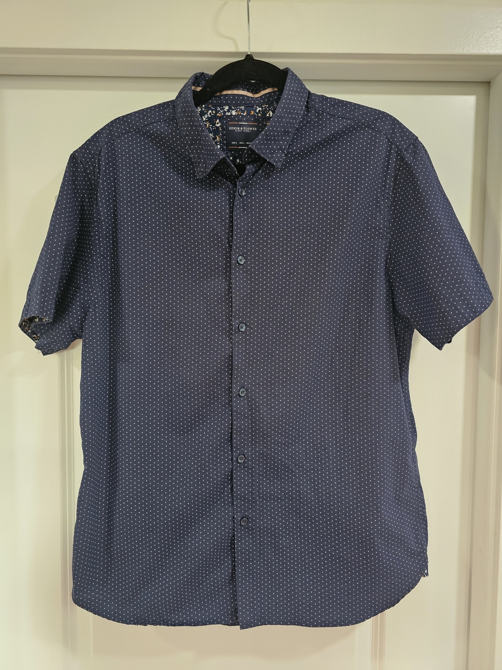 Denim & Flower Ricky Singh Men's Blue Polka Dot Short Sleeve Cotton Shirt L